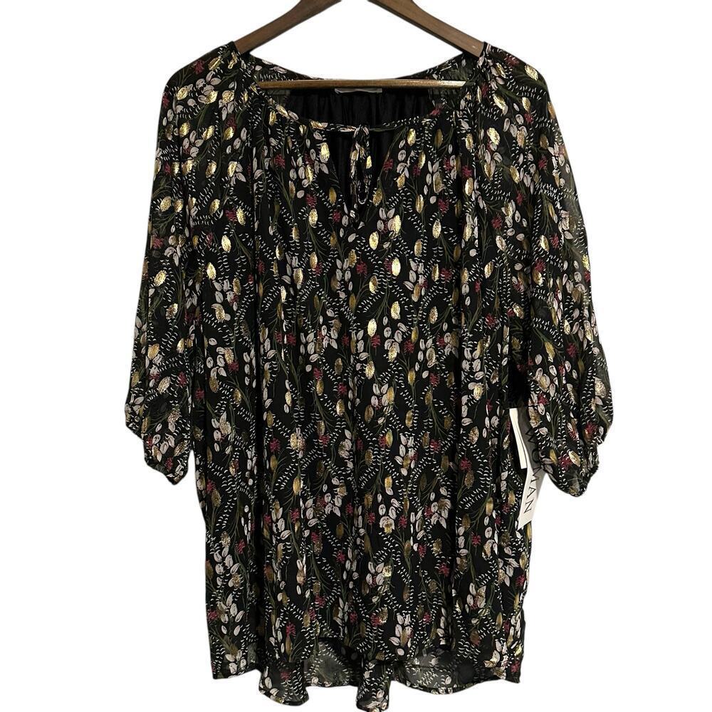 NWT Retrelogy Black Gold Leaf Floral Blouse 3X